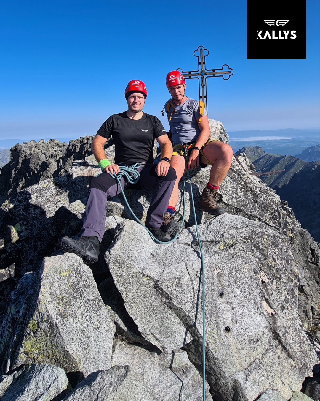 Men in Kallys sport Tshirt reach mountain summit